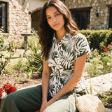 Camisa HILDEGARD de Linho Estampada com Palmeiras, Manga com Punho e Cintura com Cordão