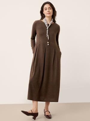 Vestido Maxi CALISTA de Lã com Painéis em Arco e Pregas Esculpidas
