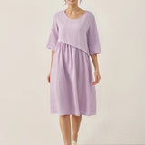 Vestido Midi YOLANDA 100% Linho com Pregas Assimétricas e Decote Redondo