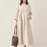 Vestido Maxi Plissado com Decote Bateau 100% Linho
