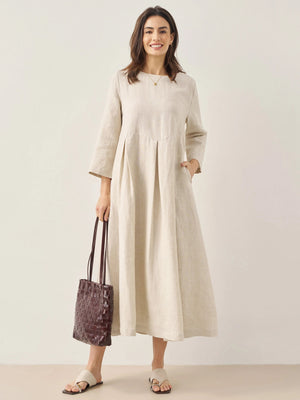 Vestido Maxi Plissado com Decote Barco em 100% Linho ABIGAIL