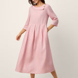 Vestido Maxi Plissado com Gola Meia-Lua, Botões Decorativos e Cintura, 100% Linho GWENYTH