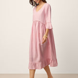 Vestido Midi em Linho 100% com Decote em V, Bainha com Folhos e Detalhe em Croché MARTHA