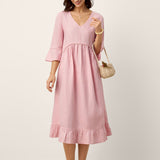 Vestido Midi em Linho 100% com Decote em V, Bainha com Folhos e Detalhe em Croché MARTHA