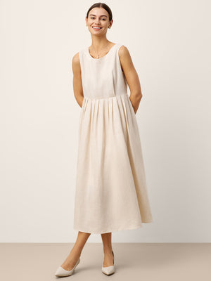 Vestido Maxi Sem Mangas de Linho 100% com Gola Redonda e Cintura Franzida SELENE