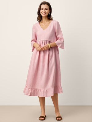 Vestido Midi em Linho 100% com Decote em V, Bainha com Folhos e Detalhe em Croché MARTHA
