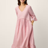 Vestido Midi em Linho 100% com Decote em V, Bainha com Folhos e Detalhe em Croché MARTHA