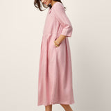 Vestido Maxi Plissado com Gola Meia-Lua, Botões Decorativos e Cintura, 100% Linho GWENYTH
