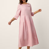 Vestido Maxi Plissado com Gola Meia-Lua, Botões Decorativos e Cintura, 100% Linho GWENYTH