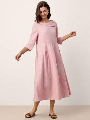 Vestido Maxi Plissado com Gola Meia-Lua, Botões Decorativos e Cintura, 100% Linho GWENYTH
