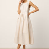 Vestido Maxi Sem Mangas de Linho 100% com Gola Redonda e Cintura Franzida SELENE