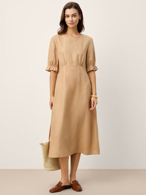 Vestido Comprido Zephyra de Linho 100% com Decote Redondo, Cintura Alta e Mangas com Folhos