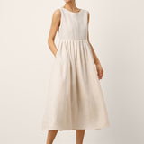 Vestido Maxi Sem Mangas de Linho 100% com Gola Redonda e Cintura Franzida SELENE