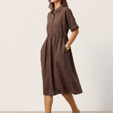 Vestido Midi CASSANDRA com Botões e Mangas Curtas, em Linho 100% com Padrão de Riscas
