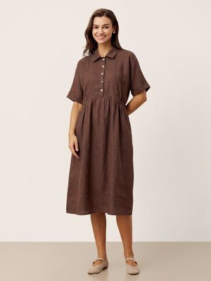 Vestido Midi CASSANDRA de Camisa com Botões e Manga Curta em Linho 100% Listrado