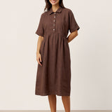 Vestido Midi CASSANDRA com Botões e Mangas Curtas, em Linho 100% com Padrão de Riscas