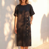 100% Linen Round Neck Button Detail Midi Dress JELENA