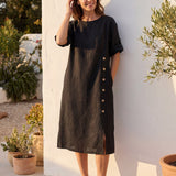 100% Linen Round Neck Button Detail Midi Dress JELENA